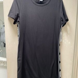 DKNY Black Tee Dress with White Logo Side Trim Size L NWT